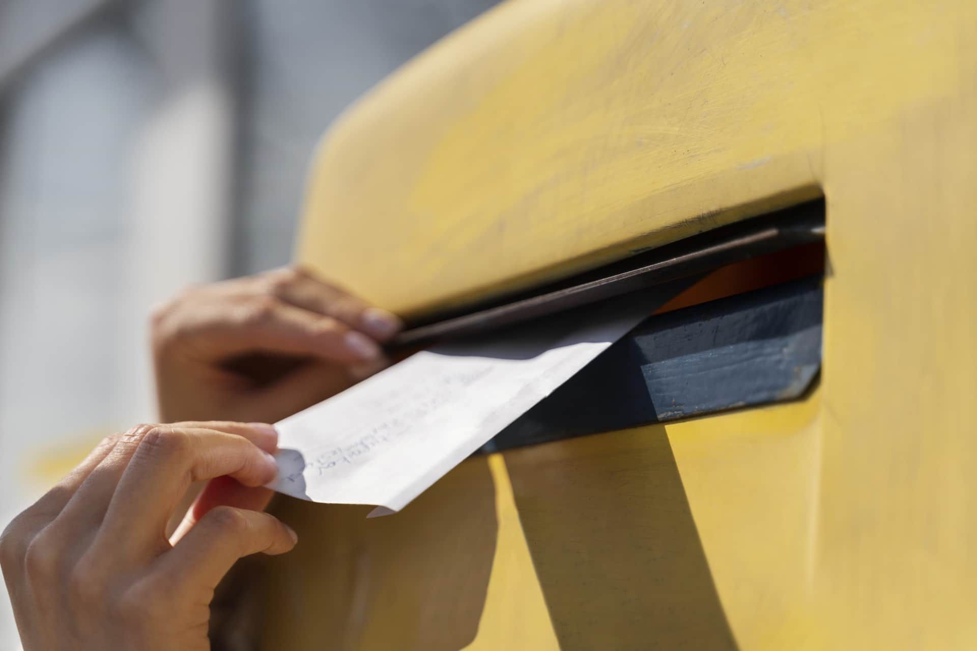 Person wirft einen Brief in einen gelben Briefkasten.